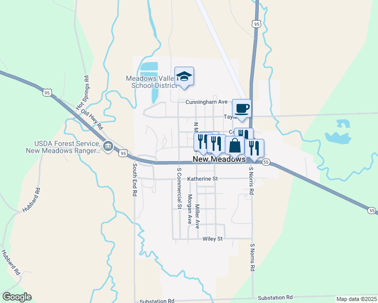 map of restaurants, bars, coffee shops, grocery stores, and more near 202 Virginia Street in New Meadows