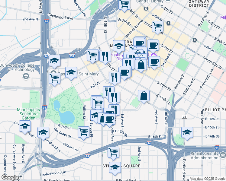 map of restaurants, bars, coffee shops, grocery stores, and more near 1300 Nicollet Mall in Minneapolis