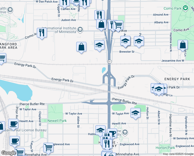 map of restaurants, bars, coffee shops, grocery stores, and more near 1625 Energy Park Drive in Saint Paul
