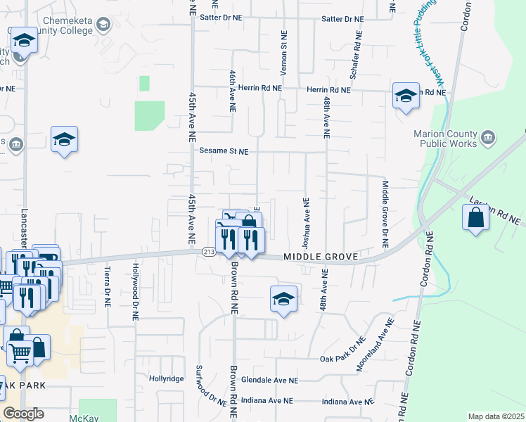map of restaurants, bars, coffee shops, grocery stores, and more near 4693 Silverton Road Northeast in Salem