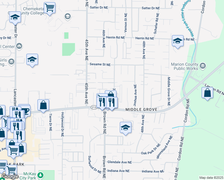 map of restaurants, bars, coffee shops, grocery stores, and more near 3637 47th Avenue Northeast in Salem