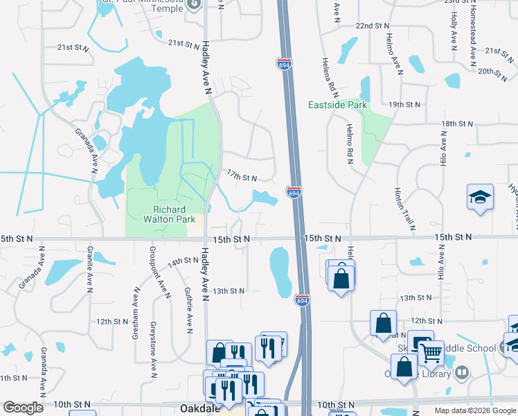 map of restaurants, bars, coffee shops, grocery stores, and more near 1565 Hallmark Avenue North in Oakdale