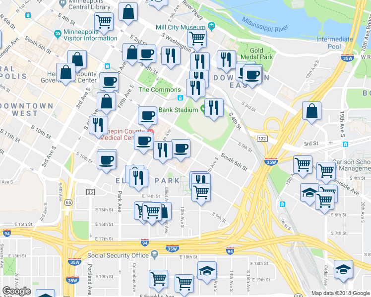 map of restaurants, bars, coffee shops, grocery stores, and more near 906 South 7th Street in Minneapolis