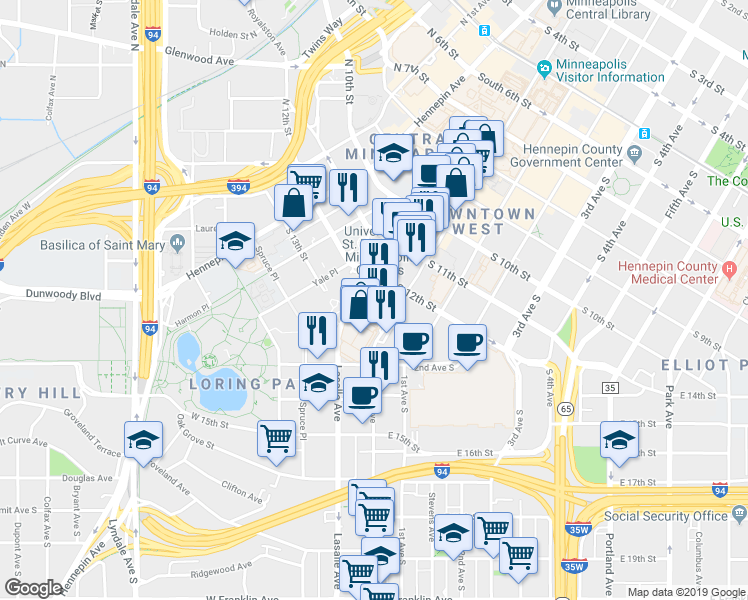 map of restaurants, bars, coffee shops, grocery stores, and more near 1300 Nicollet Mall in Minneapolis