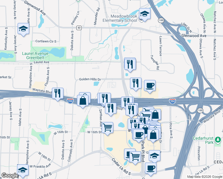 map of restaurants, bars, coffee shops, grocery stores, and more near 5701 Golden Hills Dr in Minneapolis
