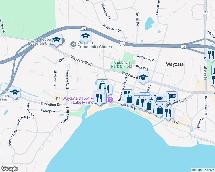 map of restaurants, bars, coffee shops, grocery stores, and more near 225 Manitoba Avenue in Wayzata