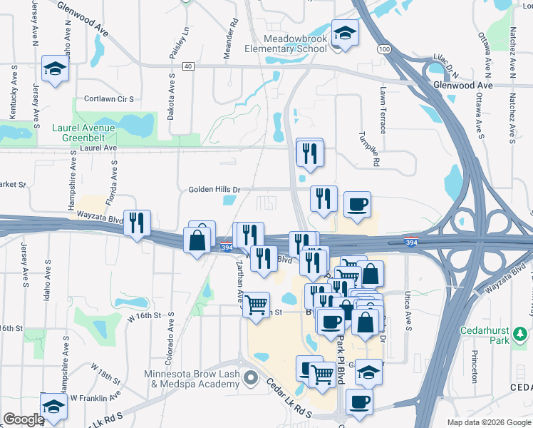 map of restaurants, bars, coffee shops, grocery stores, and more near 5701 Golden Hills Drive in Minneapolis