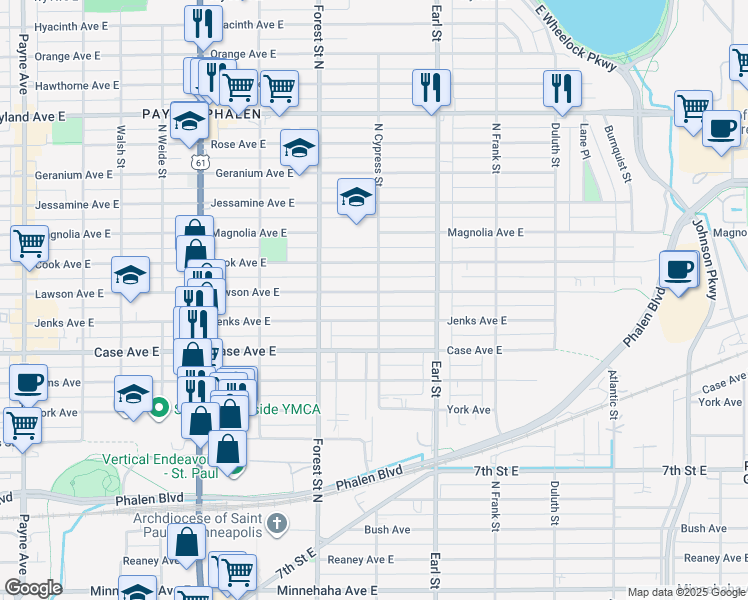 map of restaurants, bars, coffee shops, grocery stores, and more near 995 North Cypress Street in Saint Paul