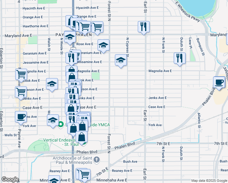map of restaurants, bars, coffee shops, grocery stores, and more near 952 East Lawson Avenue in Saint Paul