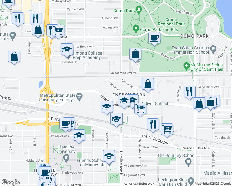 map of restaurants, bars, coffee shops, grocery stores, and more near 1372 Carling Drive in Saint Paul