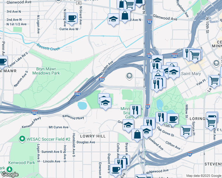 map of restaurants, bars, coffee shops, grocery stores, and more near West Wayzata Boulevard in Minneapolis