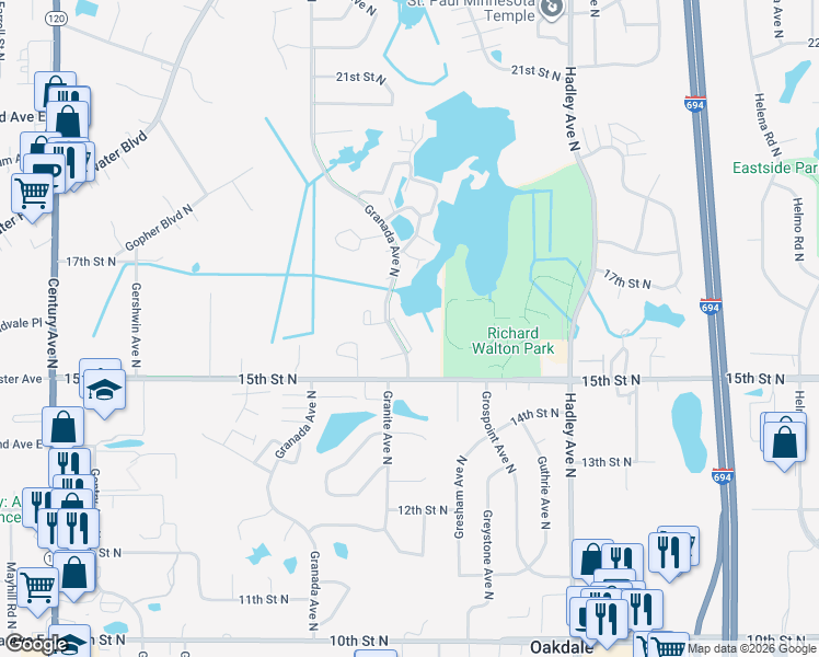 map of restaurants, bars, coffee shops, grocery stores, and more near 1591 Granada Avenue North in Oakdale