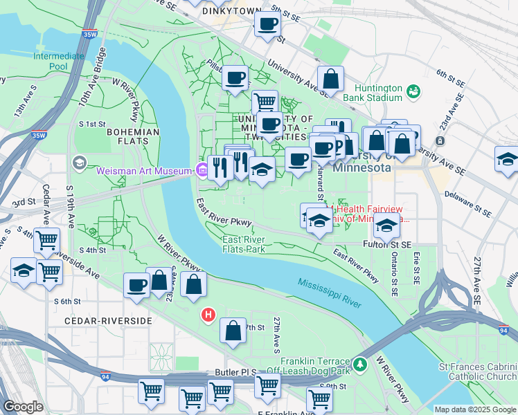 map of restaurants, bars, coffee shops, grocery stores, and more near 401 Church Street Southeast in Minneapolis