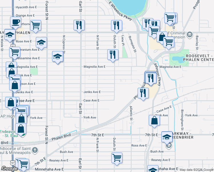 map of restaurants, bars, coffee shops, grocery stores, and more near 1137 Jenks Avenue East in Saint Paul