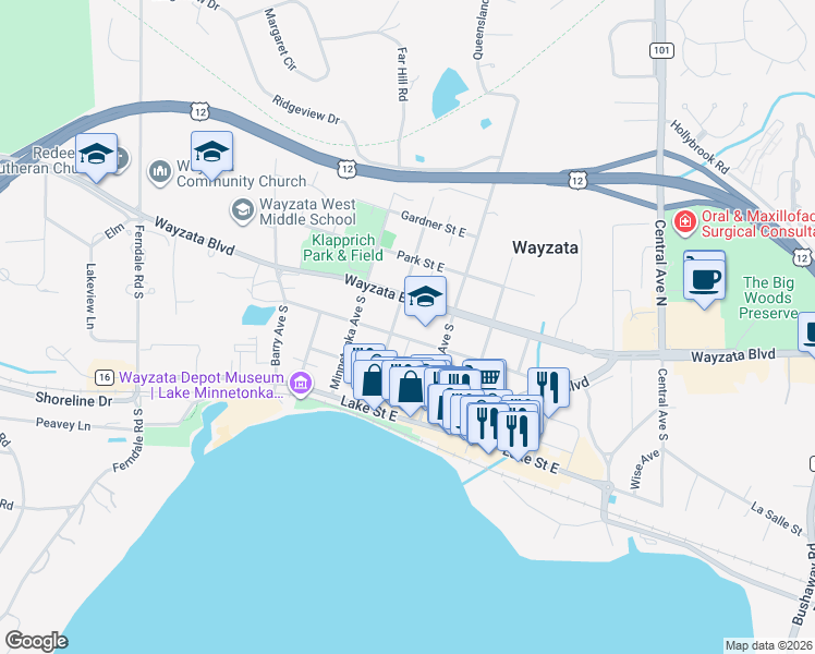 map of restaurants, bars, coffee shops, grocery stores, and more near 630 Wayzata Boulevard in Wayzata