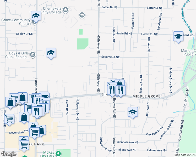 map of restaurants, bars, coffee shops, grocery stores, and more near 3616 45th Avenue Northeast in Salem