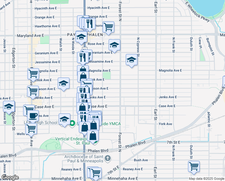 map of restaurants, bars, coffee shops, grocery stores, and more near 923 Jenks Avenue East in Saint Paul