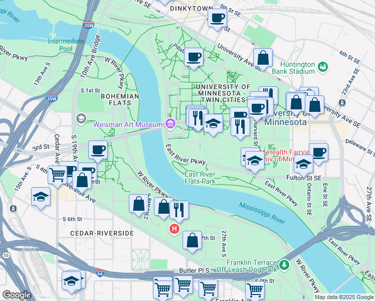 map of restaurants, bars, coffee shops, grocery stores, and more near 401 Church Street Southeast in Minneapolis