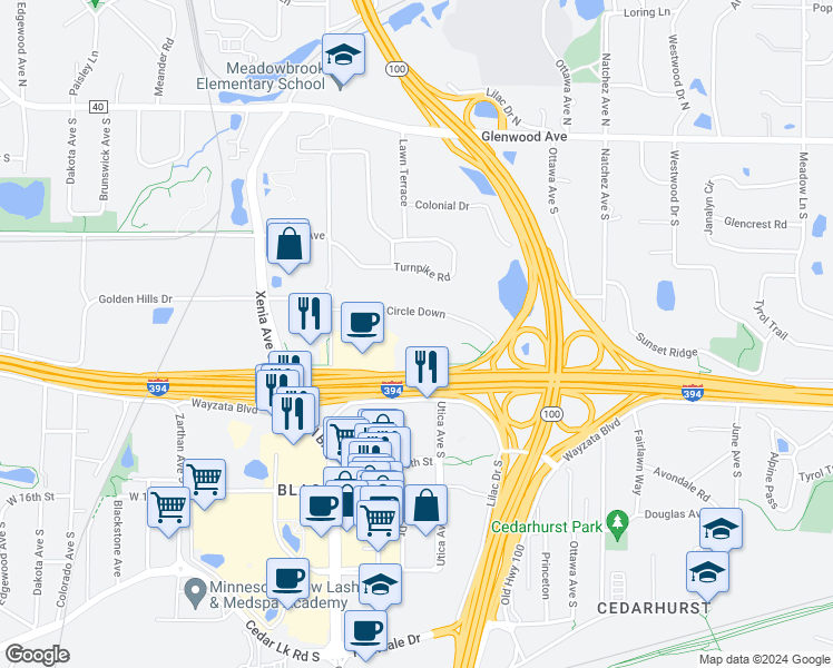 map of restaurants, bars, coffee shops, grocery stores, and more near 5200 Wayzata Boulevard in Golden Valley