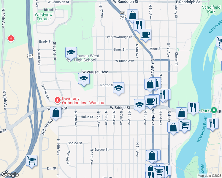 map of restaurants, bars, coffee shops, grocery stores, and more near 718 North 8th Avenue in Wausau