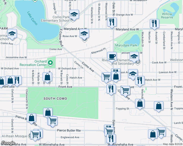 map of restaurants, bars, coffee shops, grocery stores, and more near 1024 Grotto Street North in Saint Paul