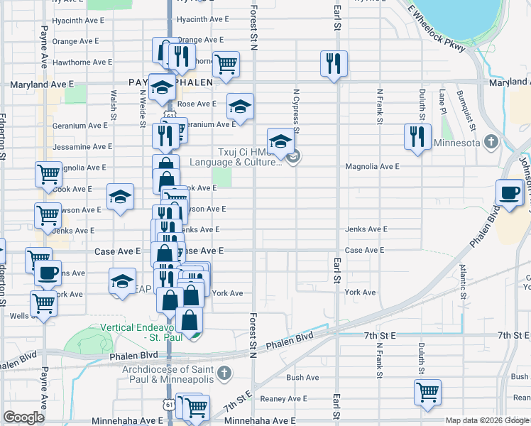 map of restaurants, bars, coffee shops, grocery stores, and more near 952 Lawson Avenue East in Saint Paul