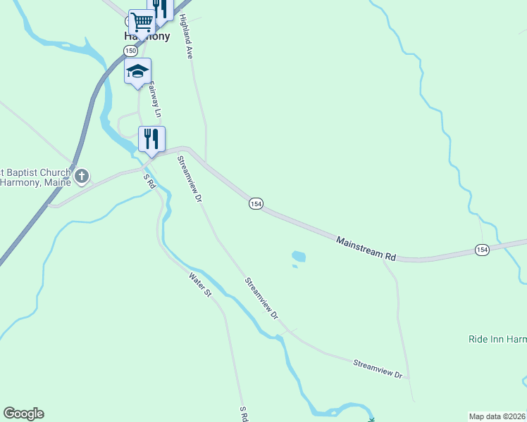 map of restaurants, bars, coffee shops, grocery stores, and more near 60 Mainstream Road in Harmony