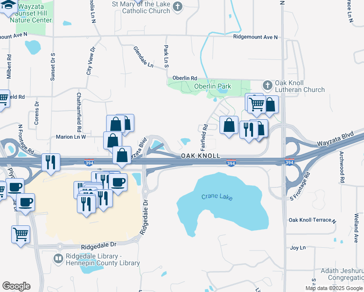 map of restaurants, bars, coffee shops, grocery stores, and more near 11900 Wayzata Boulevard in Minnetonka