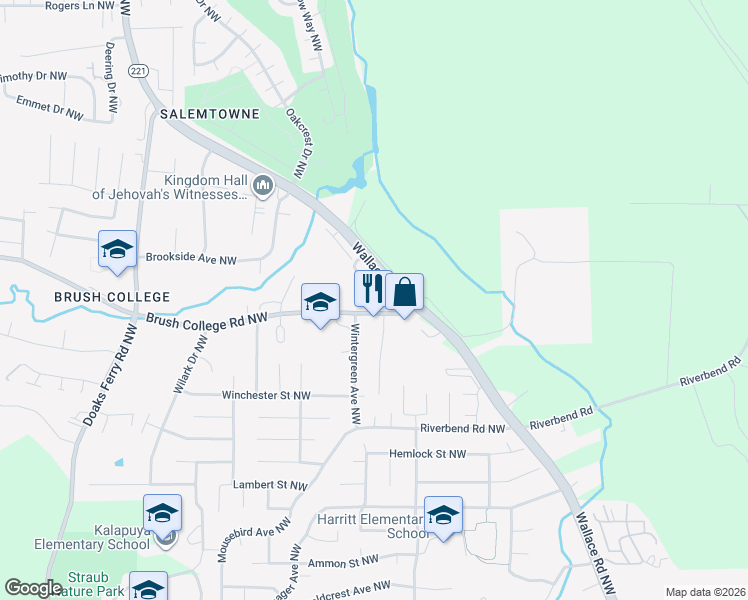 map of restaurants, bars, coffee shops, grocery stores, and more near 1485 Brush College Road Northwest in Salem