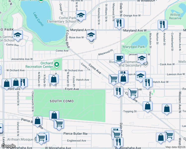 map of restaurants, bars, coffee shops, grocery stores, and more near 1024 Grotto Street North in Saint Paul
