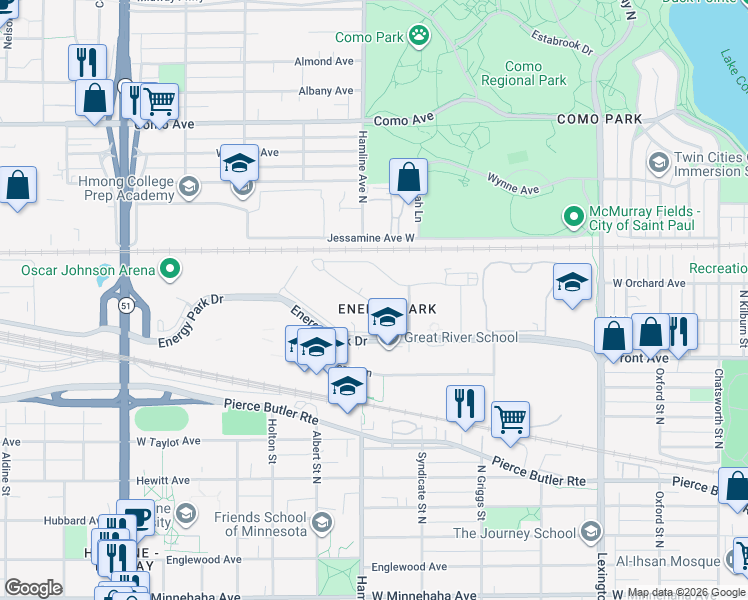 map of restaurants, bars, coffee shops, grocery stores, and more near 1351 Carling Drive in Saint Paul