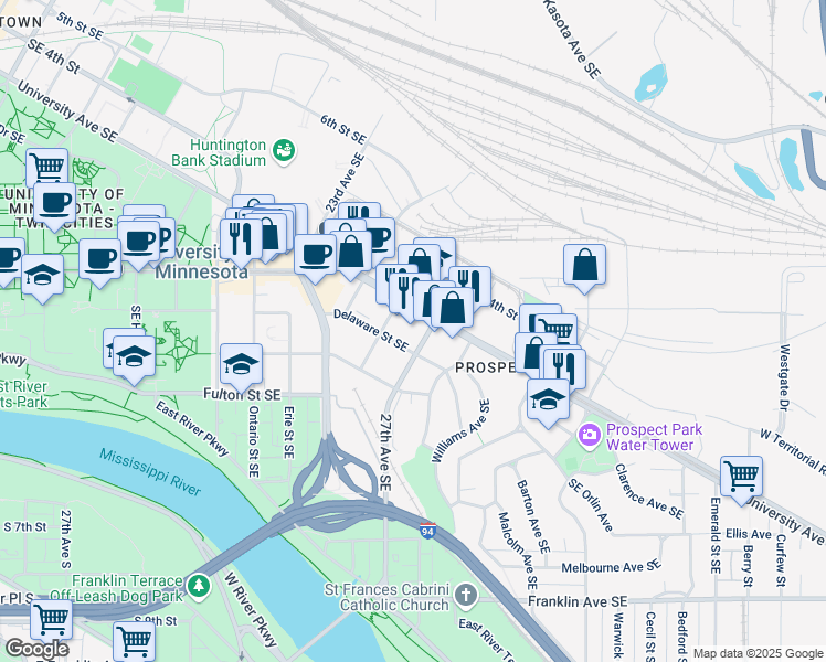 map of restaurants, bars, coffee shops, grocery stores, and more near 2650 University Avenue Southeast in Minneapolis