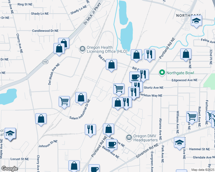 map of restaurants, bars, coffee shops, grocery stores, and more near 1835 Anunsen Court Northeast in Salem