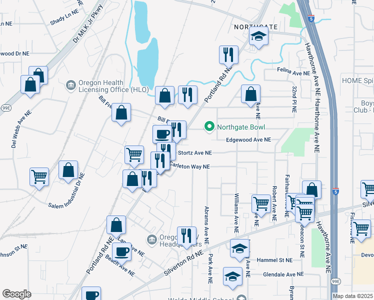 map of restaurants, bars, coffee shops, grocery stores, and more near 2040 Stortz Avenue Northeast in Salem