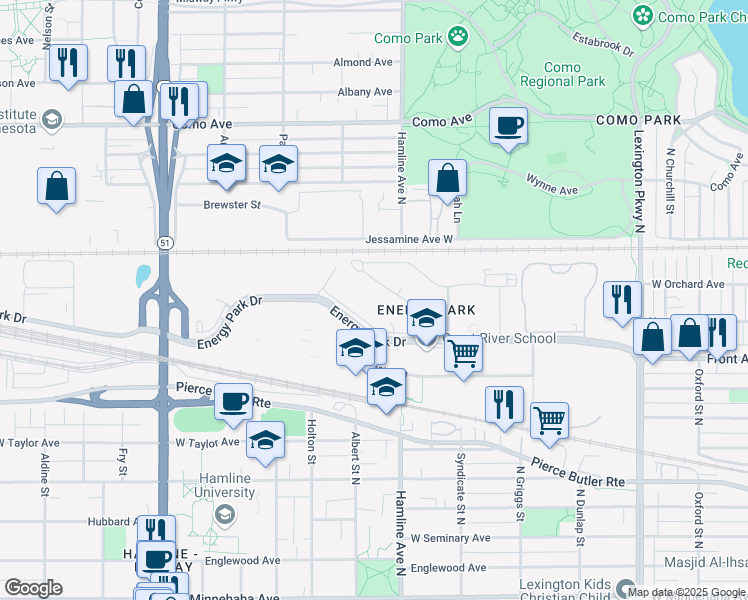 map of restaurants, bars, coffee shops, grocery stores, and more near 1372 Carling Drive in Saint Paul