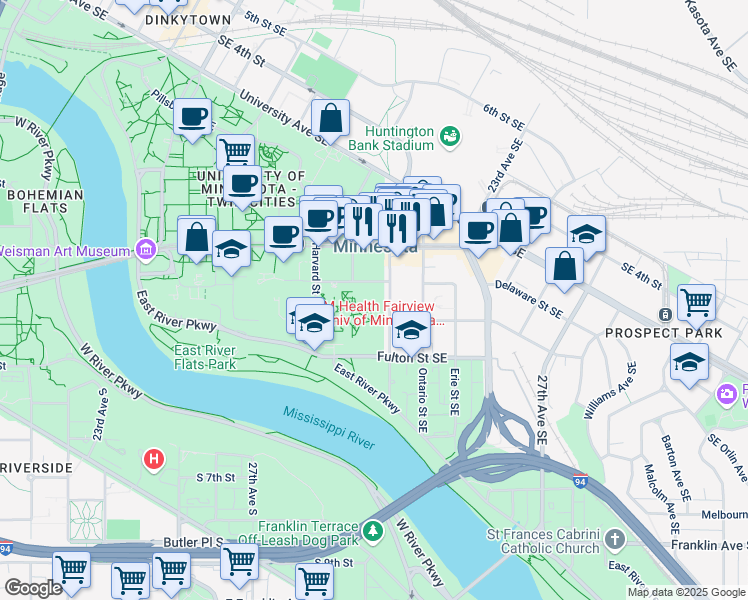 map of restaurants, bars, coffee shops, grocery stores, and more near Walnut Street Southeast in Minneapolis