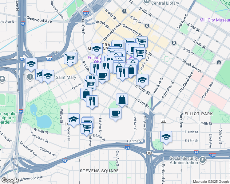 map of restaurants, bars, coffee shops, grocery stores, and more near 1125 South Marquette Avenue in Minneapolis