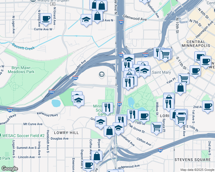 map of restaurants, bars, coffee shops, grocery stores, and more near 805 Wayzata Blvd in Minneapolis