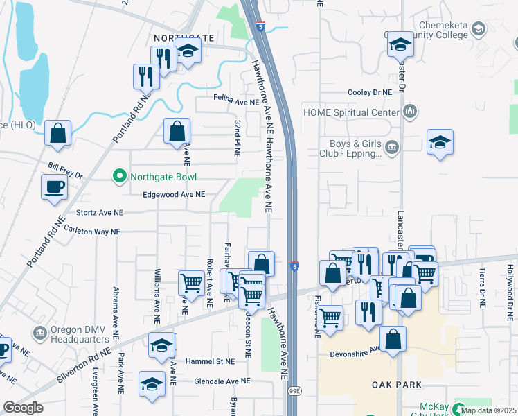 map of restaurants, bars, coffee shops, grocery stores, and more near 3651 Hawthorne Avenue Northeast in Salem