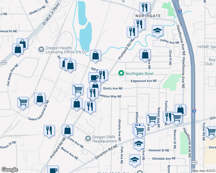 map of restaurants, bars, coffee shops, grocery stores, and more near 2040 Stortz Avenue Northeast in Salem