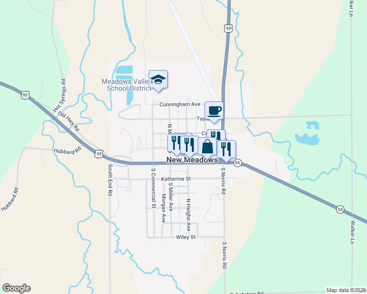map of restaurants, bars, coffee shops, grocery stores, and more near 200 North Heigho Avenue in New Meadows
