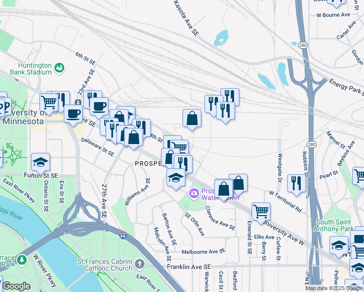 map of restaurants, bars, coffee shops, grocery stores, and more near 353 30th Avenue Southeast in Minneapolis