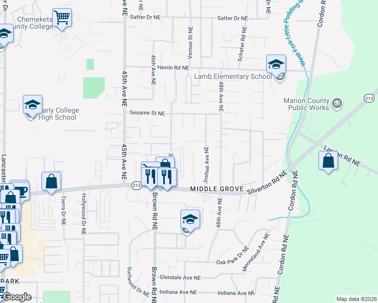 map of restaurants, bars, coffee shops, grocery stores, and more near 3638 Carmelle Court Northeast in Salem