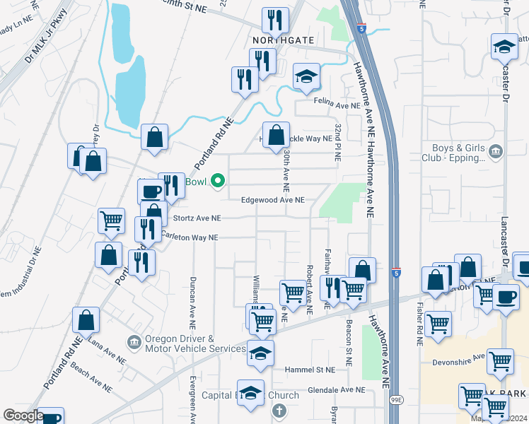 map of restaurants, bars, coffee shops, grocery stores, and more near 2555 Stortz Avenue Northeast in Salem