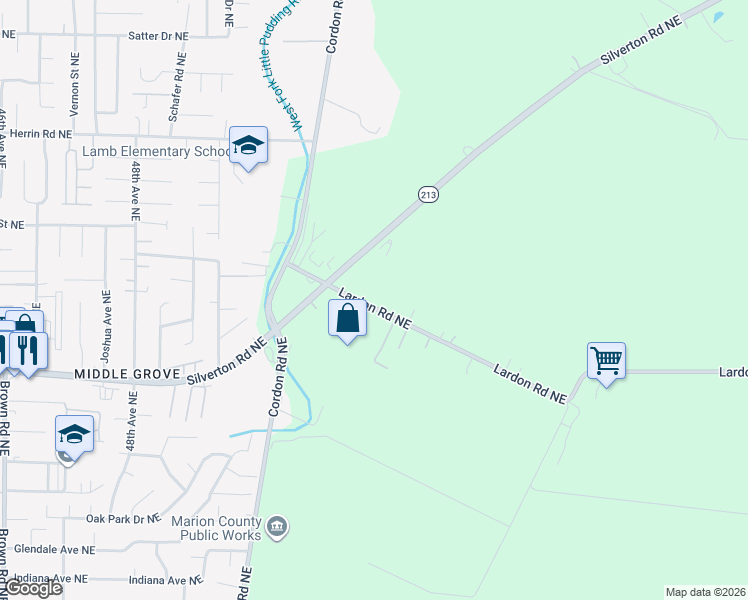 map of restaurants, bars, coffee shops, grocery stores, and more near 5180 Lardon Road Northeast in Salem