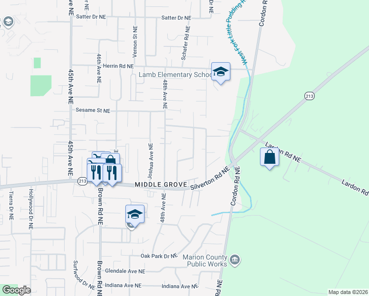 map of restaurants, bars, coffee shops, grocery stores, and more near 3631 Silverstone Court Northeast in Salem