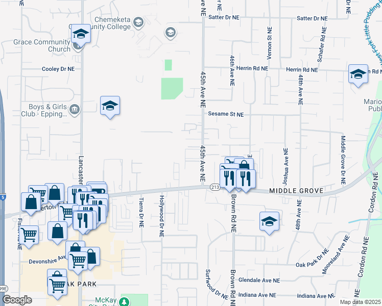 map of restaurants, bars, coffee shops, grocery stores, and more near 4410-4470 Conser Way Northeast in Salem