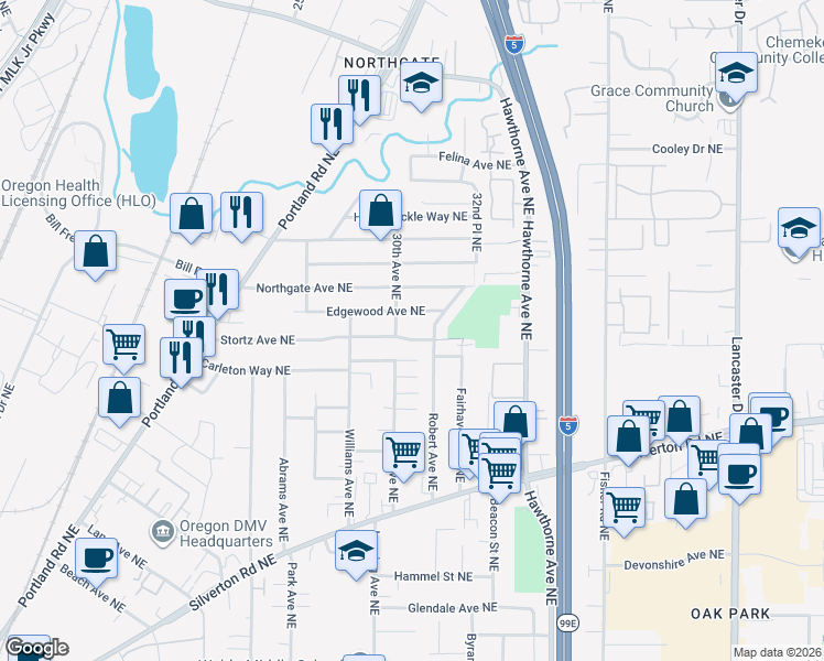 map of restaurants, bars, coffee shops, grocery stores, and more near 3545 Robert Avenue Northeast in Salem