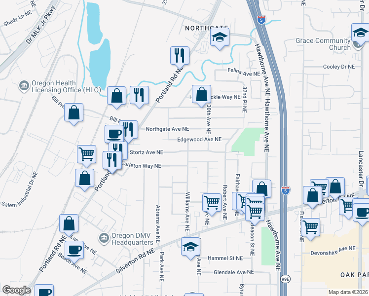 map of restaurants, bars, coffee shops, grocery stores, and more near 2523 Carleton Way Northeast in Salem
