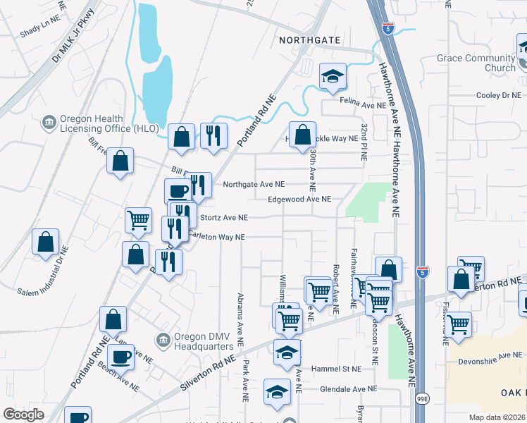 map of restaurants, bars, coffee shops, grocery stores, and more near 2404 Stortz Avenue Northeast in Salem